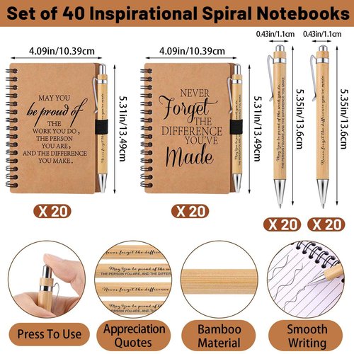40 Sets Employee Appreciation Gifts Inspirational Spiral Notebooks Thank You Bamboo Ballpoint Pens Bulk Motivational Journals Encouragement Gifts for Teacher Coworker Nurse