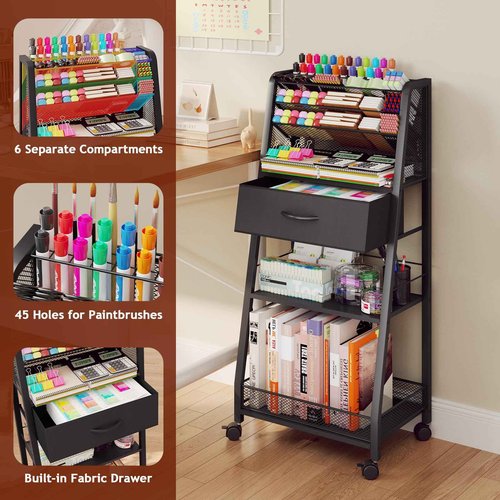 Homsorout 3 Tier Rolling Cart - Metal Utility Cart with Storage Drawer and Wheels, Versatile Art & Craft Organizer for Home, Office, or Studio - Ideal for Storing Brushes, Paints, and Supplies(Black)