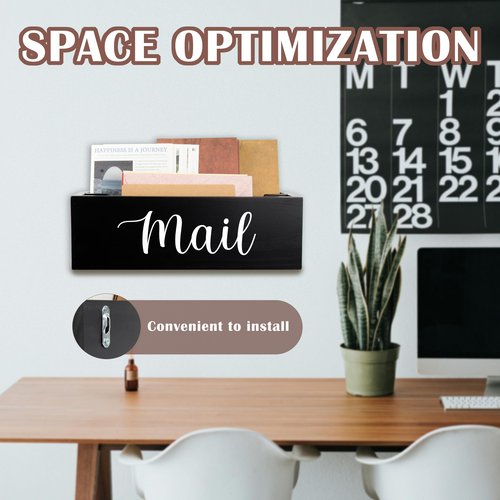 Mail Organizer for Desk or Wall Mount, 2 Compartments Ash Wood Mail Holder Countertop, Mail Basket for Desktop, Kitchen, Home, Wall | Wood Desk Mail Organizer, Black Envelope Holder for Home Office