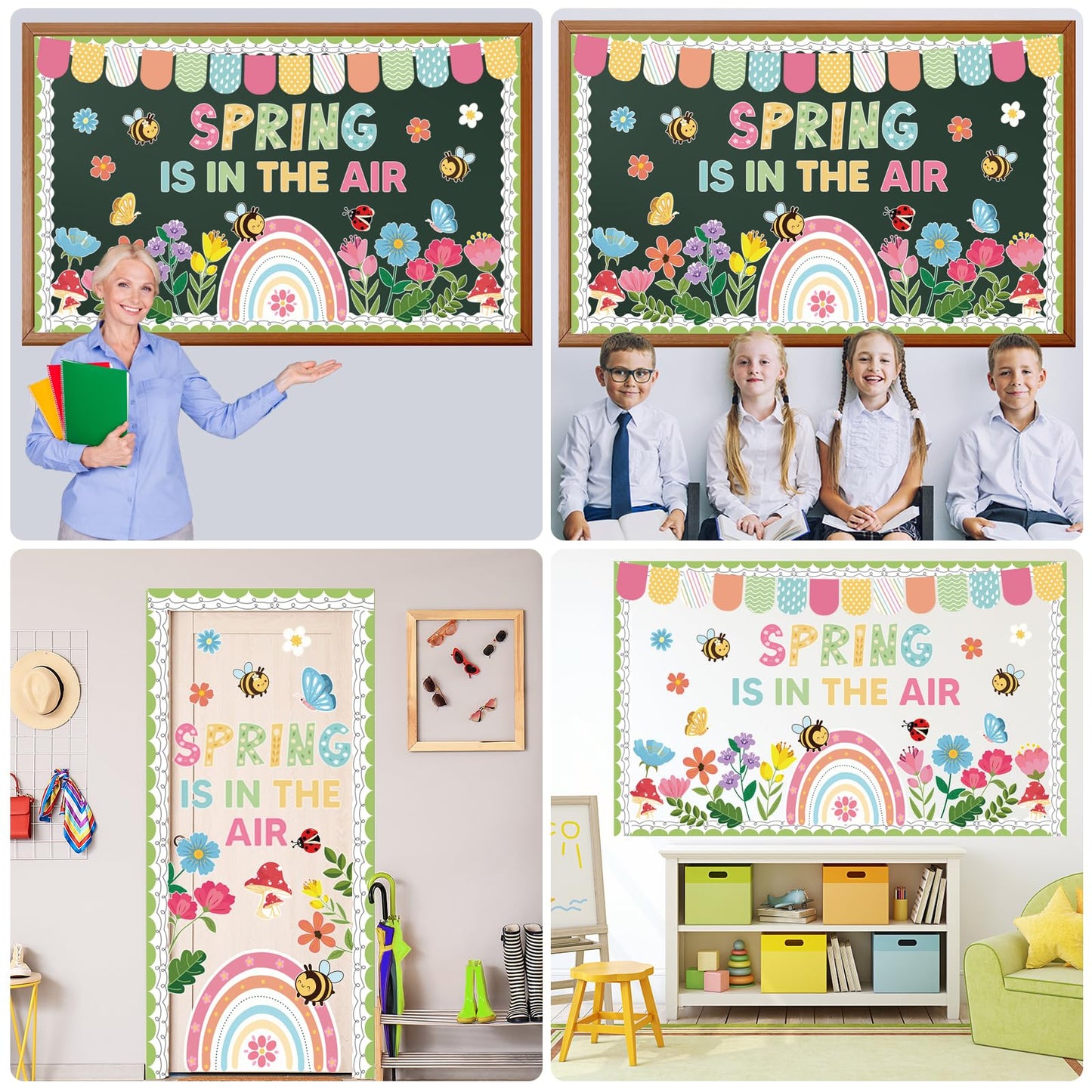 Spring Flower Bulletin Board Set Floral Classroom Bulletin Board Decoration with Rainbow Flowers Bee Paper Cutouts Spring in the Air Themed Classroom Wall Decor for School Chalkboard Teacher Supplies