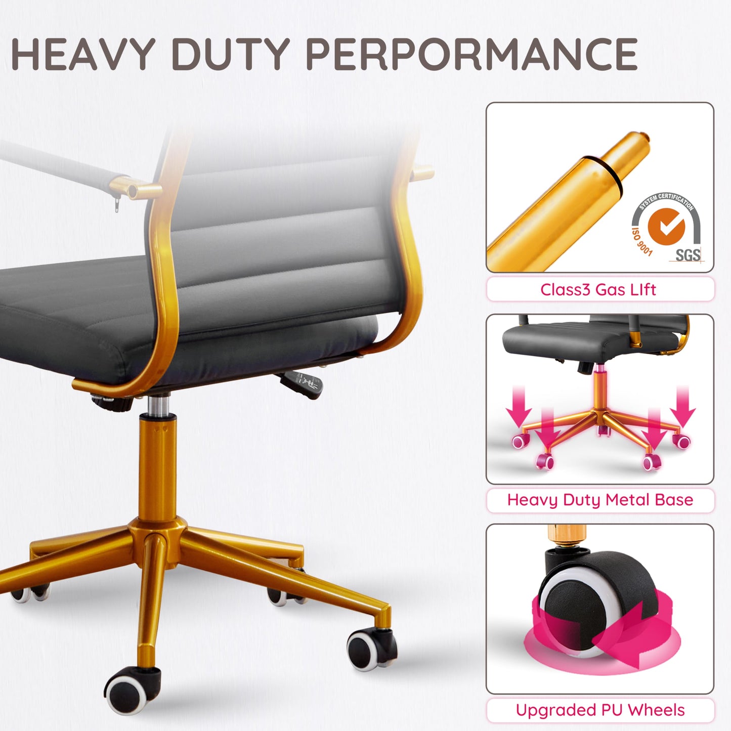 Livinia Modern Executive Office Desk Chair, Chrome & Leather Conference Room Swivel Chairs with Ribbed High Back, Adjustable Height, Removable Armrest, and Wheels for Home Office (Black(Gold))