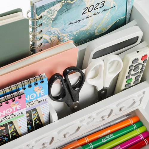 Goaste White Desktop Organizer with Drawer, Wooden Mail Storage Box, 4 Compartment Mail Sorter Organizer, Rustic File Bill Holder, Farmhouse Letter Paper Storage Basket for Home Office Supplies