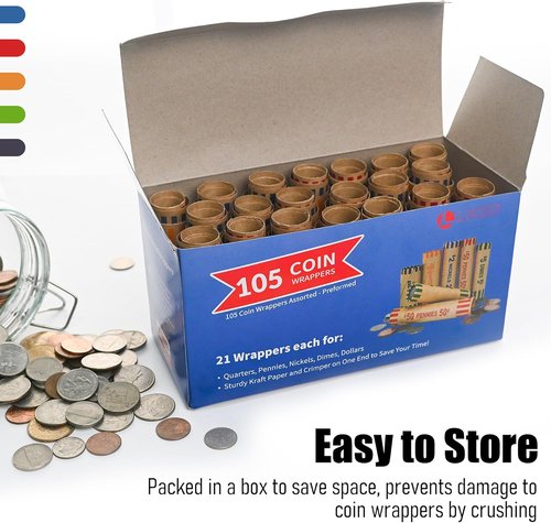 L LIKED Coin Roll Wrappers - 105 Assorted Rolls for Quarters, Pennies, Nickels, Dimes & Dollars