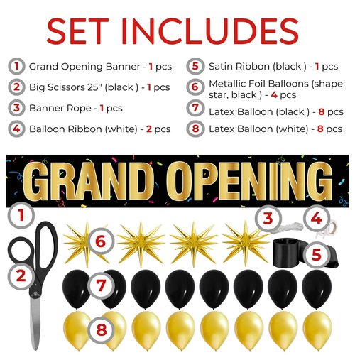 Black Ribbon Cutting Ceremony Kit - 25 Inch Scissors for Grand Opening Gold Satin Ribbon Gold Star Balloons and Grand Opening Banner for Inaugurations Special Events Ceremonies