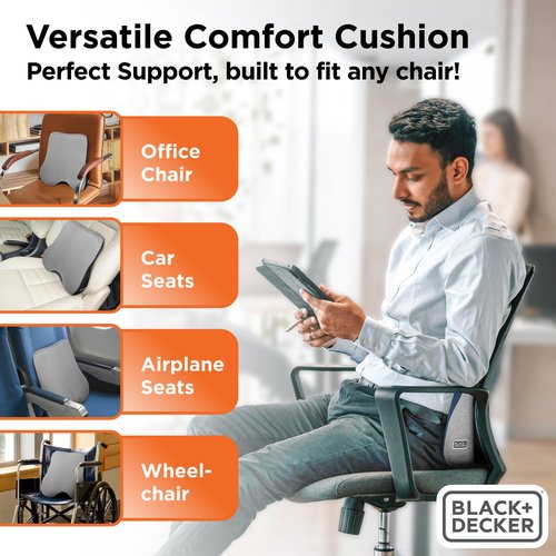 BLACK+DECKER Memory Foam Lumbar Support Pillow – Lumbar Cushion for Office, Car, Wheelchair & Airplane – Ergonomic, Pain Relief, Adjustable Strap, Washable Cover, Grey/Black