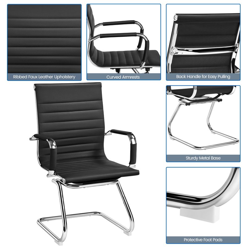 Yaheetech Faux Leather Office Reception Chair Without Wheels Mid Back Ergonomic Guest Chairs for Conference Reception Room Waiting Room, Set of 2 Black