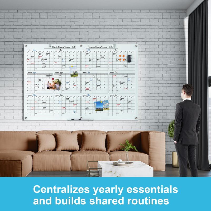 Large Glass Dry Ease Calendar for Wall, 72 x 48 Inches Magnetic Glass Yearly Calendar Whiteboard, 6' x 4' Frameless Planner Board for Office, Home, School