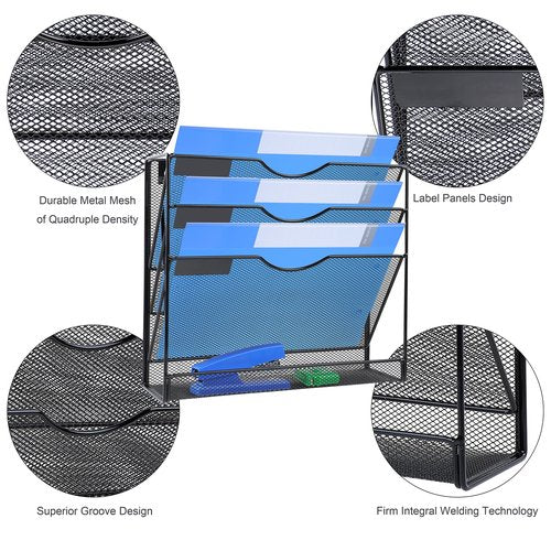 IOUGDSEC 4-Tier Mesh Wall File Holder Organizer with Bottom Flat Tray, Vertical Hanging File Organizer, Office Hanging File Folder Magazine Rack, Nametag Label Hooks Set Included, Black