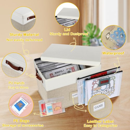 Board Game Storage, Board Game Organizer with 12pcs Zipper Bags and Writable Stickers, Board Game Organizers Storage with Lid for Office Supplies,Puzzles,Video Game,Craft Product (Beige, 1-Pack Large)