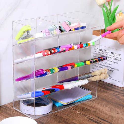 wutfuooo Acrylic Pen Organizer Storage Vertical Marker Organizer Acrylic Pen Display Holder for Office Desk Desktop Stationery Pencil Storage(Clear,10.2 x 4 x 9.8 Inch)