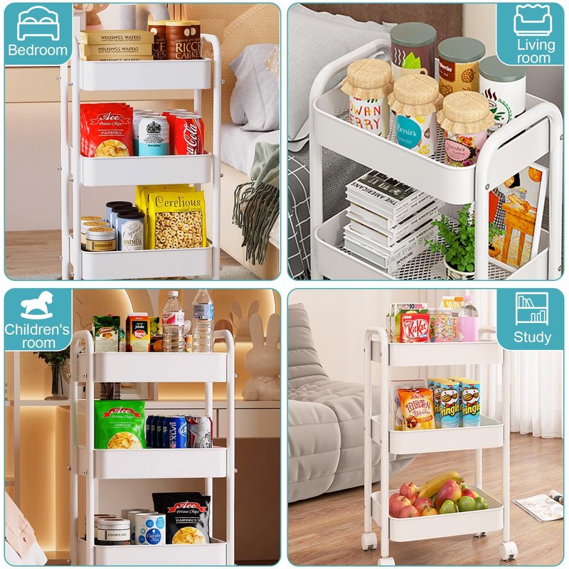 DKALIO 3 Tier Metal Rolling Cart, Heavy Duty Utility Storage Organizer with Lockable Wheels, Mobile Utility Cart for Livingroom, Bathroom, Kitchen, & Narrow Places, White