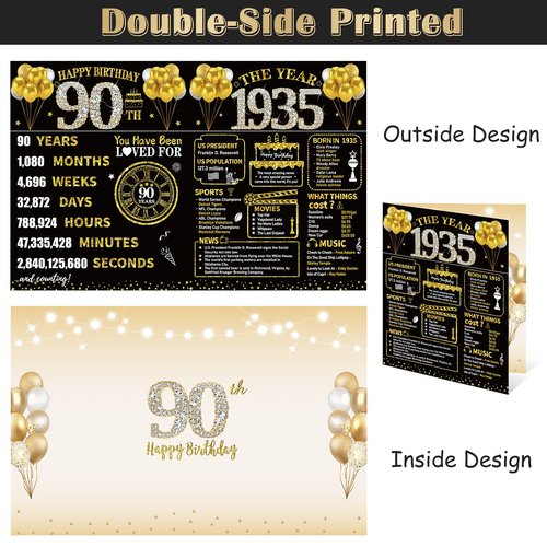 Kuxriox Large 90th Birthday Card With Envelope, Black Gold Happy 90th Birthday Giant Guest Book Gifts for Men Women, Giant Ninety Bday Card Gifts Party Supplies, The Year 1935 Jumbo 90 Bday Card