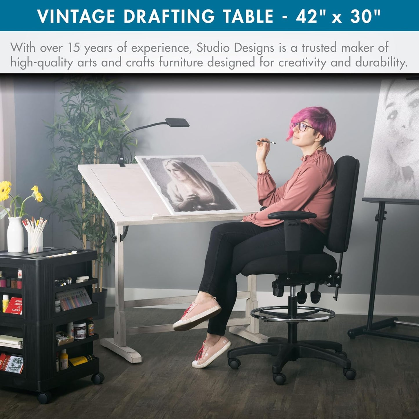 Studio Designs Wood Drafting Table - Adjustable Tilting Top with Pencil Ledge - 42" W x 30" D - Whitewash