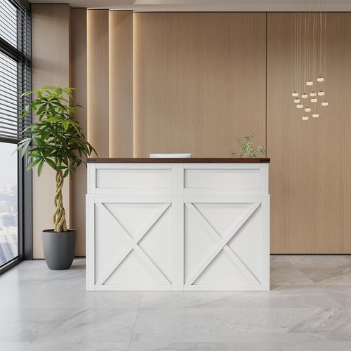 Velacori White Reception Desk with Open Storage Shelf for Office Reception Room, 47-Inch Large Retail Counter Farmhouse Wood Checkout Counter Table for Store Lobby Beauty Salon, White Bronw