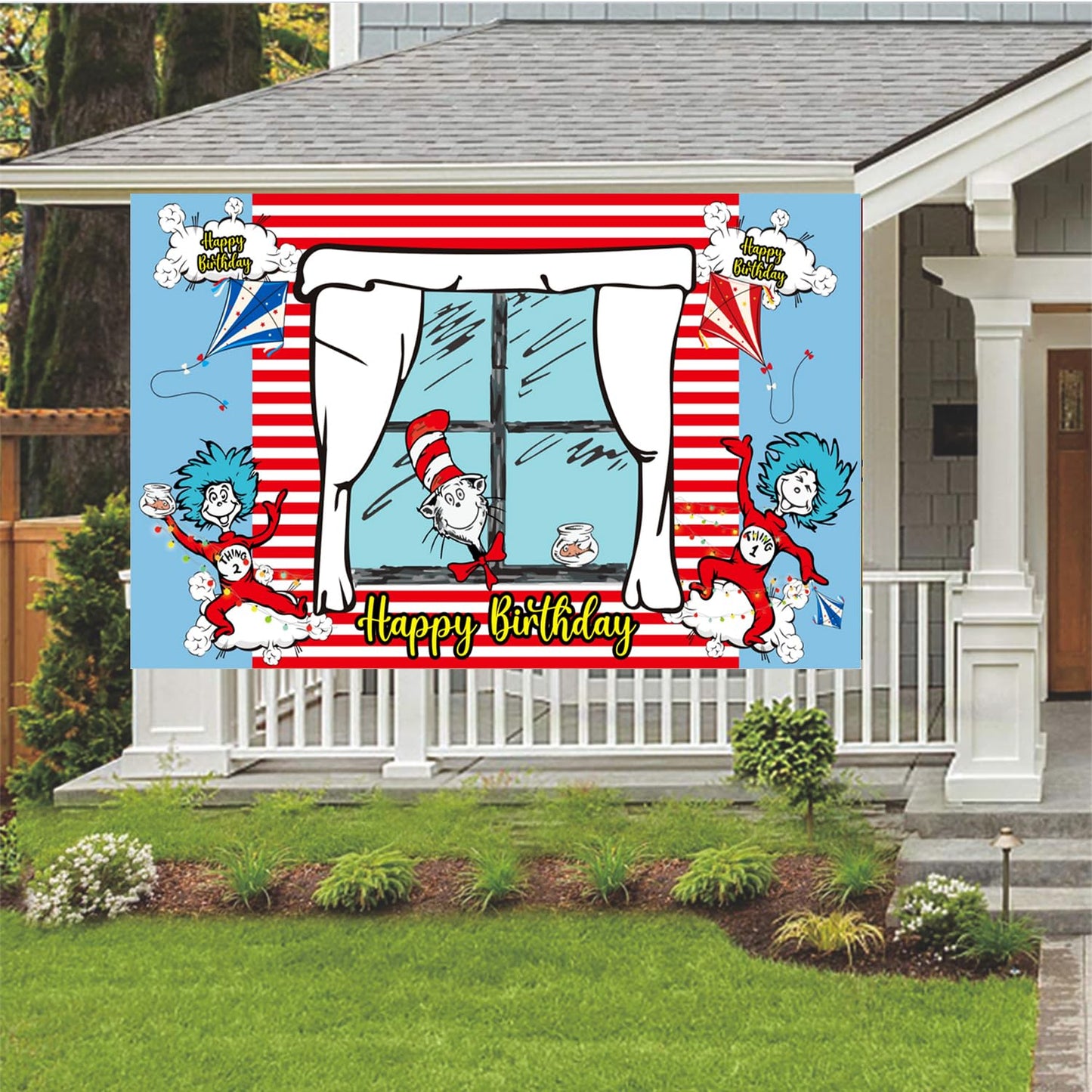 Happy Birthday Backdrop Banner 70.8X43.3 inches, Red and Blue Stripes Cartoon Window Kite Photography Background for Cat in The Hat Birthday Decoration