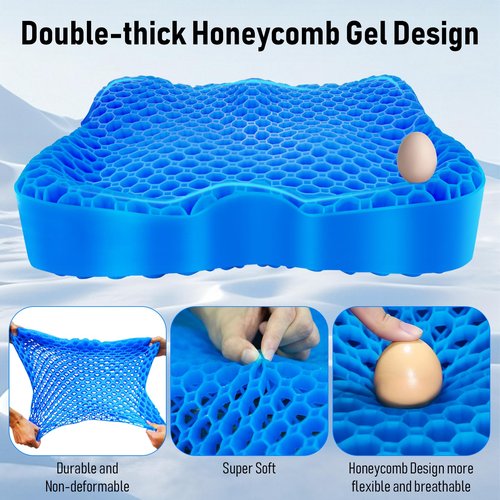 Cooling Gel Seat Cushion, Thickened Big Breathable Honeycomb Design Absorbs Pressure Points Gel Cushion with Anti-Slip Cover Cooling Seat Cushion for Office Chair Home Car Seat Cushion for Wheelchair