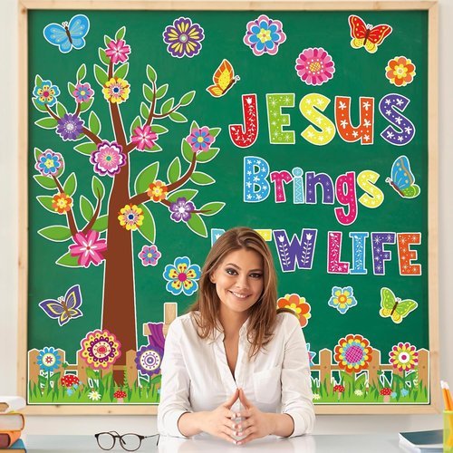 Gisgfim Christian Spring Bulletin Board Decoration Set - Religious Flower Tree Cutouts for Easter | Classroom & Home Wall Decor