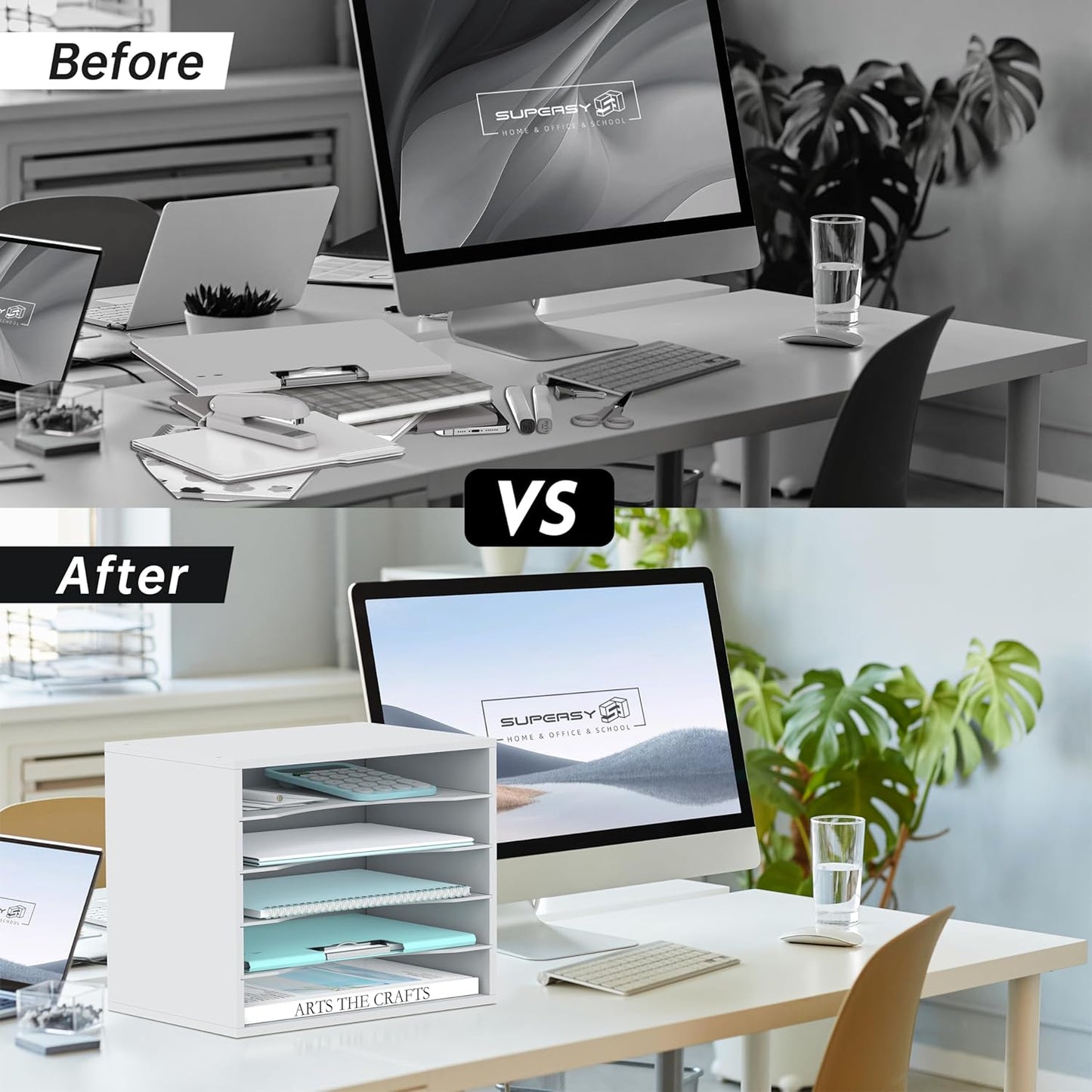 SUPEASY Wood Desk Organizer - 5-Tier Paper File Sorter for Office & Home | Elegant White Design