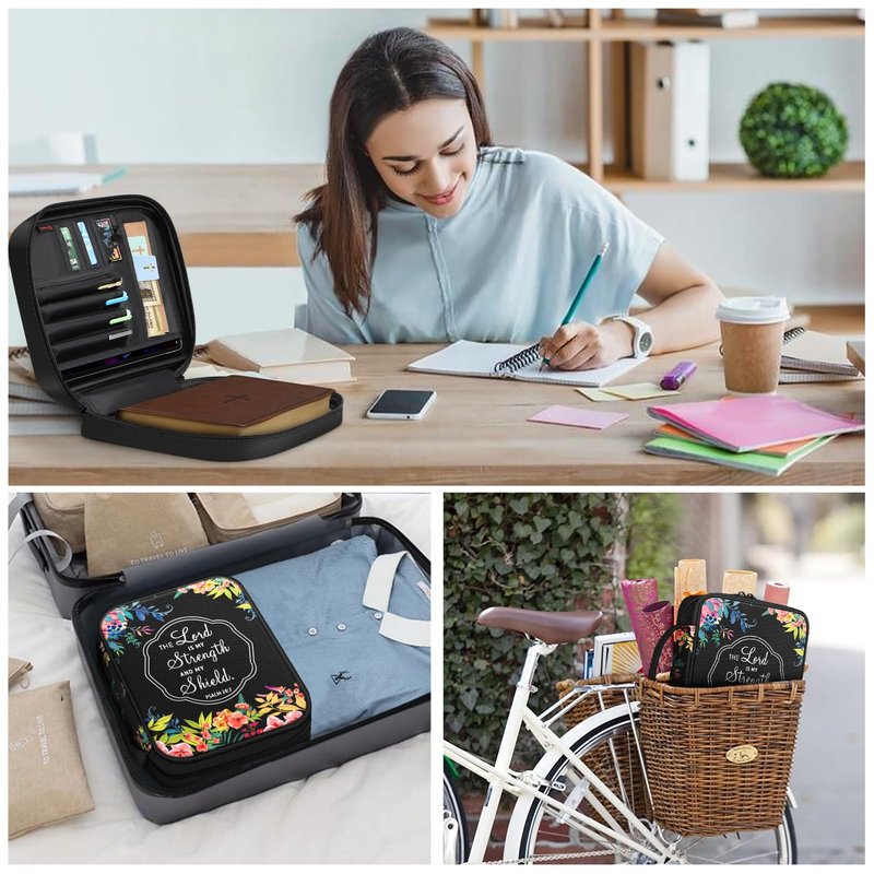 FINPAC Bible Cover, Carrying Book Case Church Bag Bible Protective with Handle and Zippered Pocket, Gift for Mother Lady Women Men, Floral Black