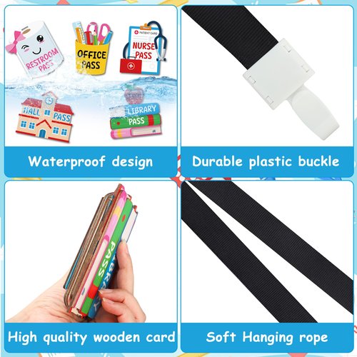 6 Sets Hall Pass Lanyards Wooden School Passes Set Unbreakable Classroom Passes Colorful Cartoon Style Hall Pass for Classroom School Restroom Library Office Nurse Teachers Gift Supplies
