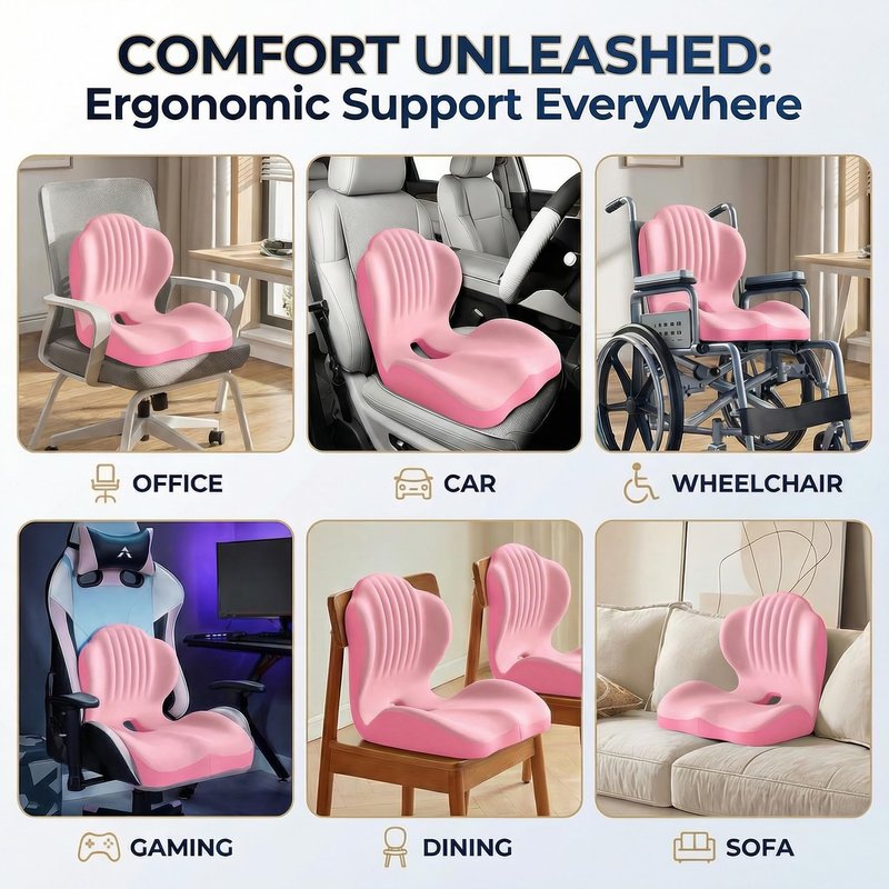 Ergonomic Seat Memory Foam Support Cushion for Back, Car Seat Back Support Cushion for Sciatica Tailbone Pain, Office Desk Chair Car Travel Seat Cushion (Pink)