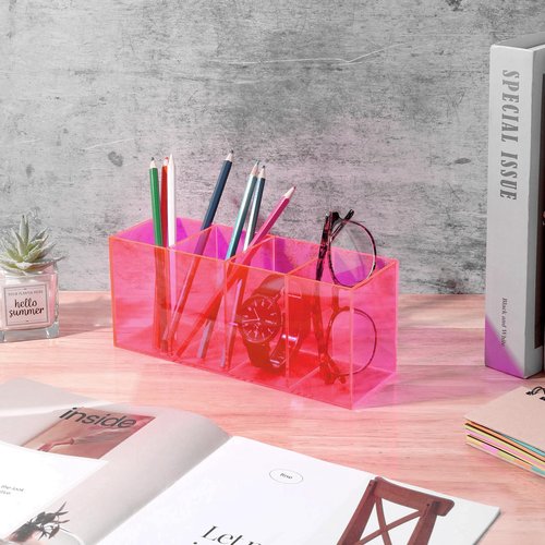 HappyDino Pen Holder for Desk Neon Acrylic Pencil Holder Cup Makeup Brush Storage Organizer for Vanity, Neon Pink