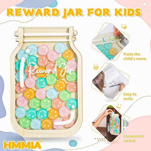 HMMIA Personalized Magnetic Reward Jar, Smiley Faces Jar with Colorful Letter Stickers, Ideal for Classroom Reward System, Home Chore Chart, Positive Behavior Training (42PCS Smiley)