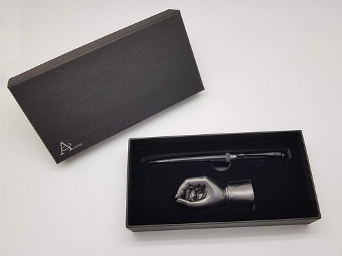 ACELY Executive glossy black Ball Point Pen with Hand Shape Pen Holder Metal Art Craft Paperweight for Desktop Organizer, Desk Decorations for Men - Pen & holder set (Black & Satin Black)