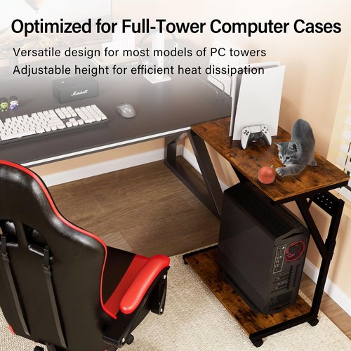 Faesun Computer Tower Cart - Height Adjustable PC Stand, 2-Tier ATX-Case CPU Holder Home Office Gaming Desk Accessories with Rolling Lockable Wheels, Laptop Table Standing Computer Desk, Rustic Brown