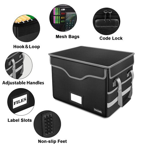 DocSafe Fireproof Document Box with Lock, File Storage Organizer with Mesh Pockets, Collapsible Portable File Box Home Office Safe Filing Cabinet with Handle for Hanging Letter/Legal Folder, Black