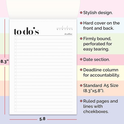 Regine Switzerland A5 To Do List Notepad - Stylish Daily Planner with Checkboxes & Deadline Column