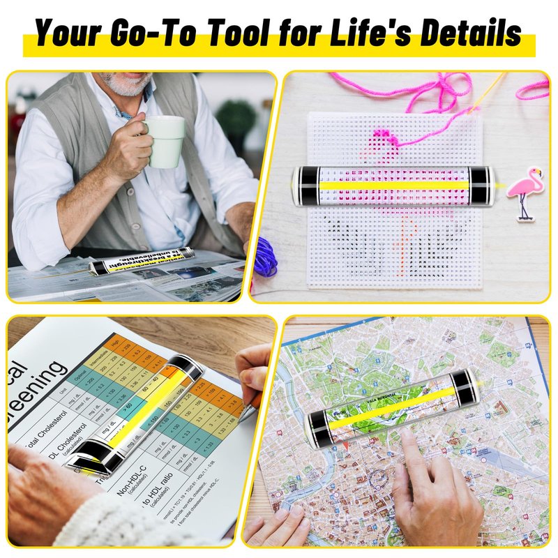 Verdanzia Magnifying Ruler with Yellow Tracker Line, 6 Inch Ruler with Magnifying Bar, Acrylic Mahjong Card Line Reader with Magnet for Reding Bible, Newspaper and Cross Stitch (6 in)