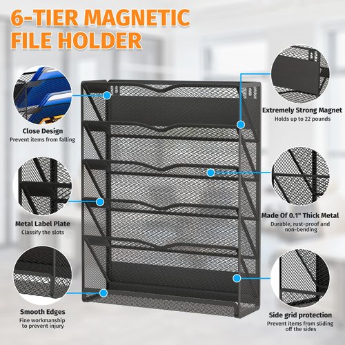 Mogbhw 6-Tier Magnetic File Holder, No Drilling Magnetic File Organizer Folder Holder, Black Hanging Magnetic Paper Holder for Refrigerator, Whiteboard, File Cabinets, Office, Kitchen (Black, 6-Tier)
