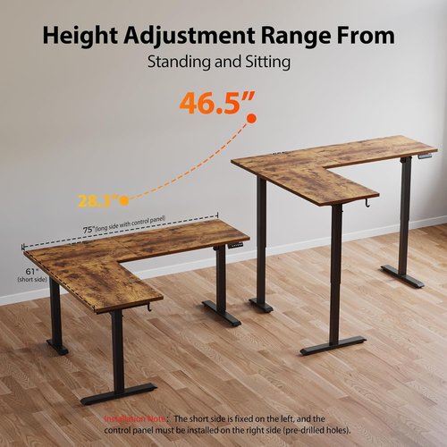 Agilestic L-Shaped Standing Desk - Adjustable Electric Height | Rustic Brown, 75x61 Inch