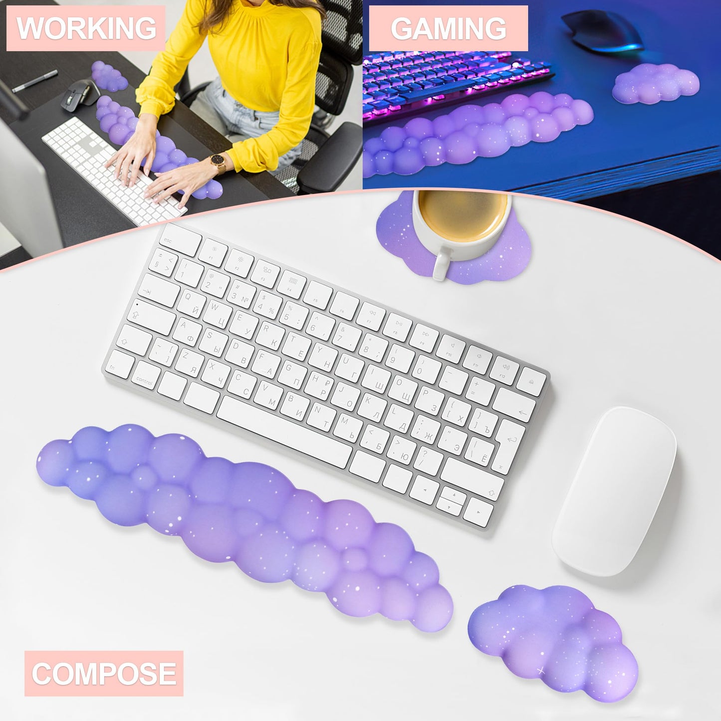 LJYZMD Cloud Wrist Rest Set for Keyboard and Mouse, Includes Cute Coaster, with Computers and Laptops(Purple Star Set)