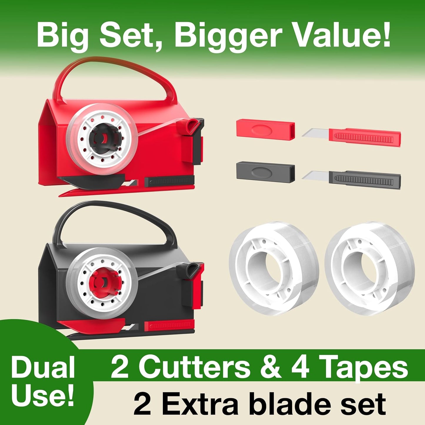 (2-Pack) Wrapping Paper Cutter & Tape Dispenser Dual Use with 4 Tapes,2 Replace Blades Kit for Christmas Gift Wrap Cutter Tool Paper Roll Holder Tube Sliding Slicing for Birthday Holiday.