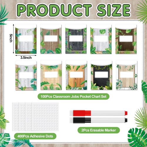 MotiMind 100 Pcs Class Library Card Pockets, Classroom Jobs Bulletin Board Library Pockets Chart with Erasable Pen and Glue for Chalkboard Home Office Back to School Decor(Green Leaf Countryside)