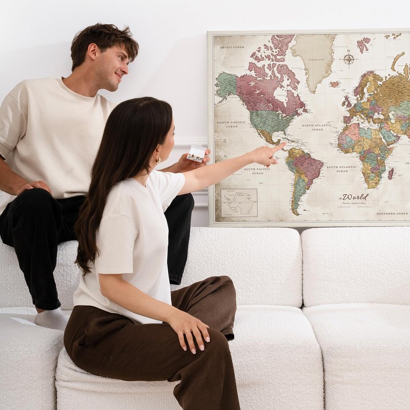 Canvas World Map with Cork Pin Board - English Lettering - Decorative Wall Decoration for All Rooms - Canvas Pictures with World Map Motif (90x60 cm, Pattern 20)