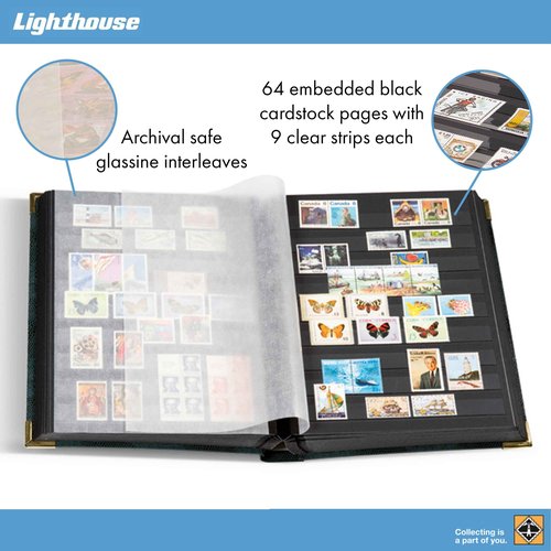 LIGHTHOUSE – “Comfort Deluxe” Stockbook for Stamps - Padded Alligator Leatherette Cover 64 Black Cardstock A4 Pages with 9 Strips, Glassine Interleaves, Metal Corners, and Double Linen Hinges - Blue