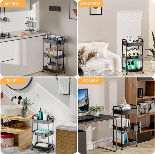 Rebecat 3-Tier Rolling Utility Cart - Multifunctional Storage Organizer for Kitchen, Bathroom & Office | Black