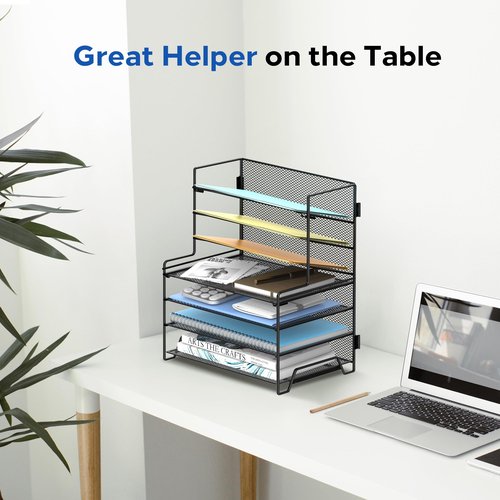 SUPEASY 7 Tier Desk File Organizer, Mesh Letter Tray Paper Organizer with File Holders, Metal Desktop Organizers and Accessories for Home Office Supplies, Black