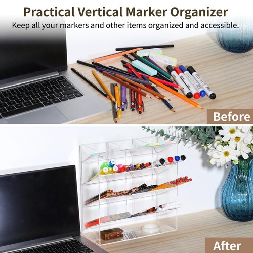 OMISTAR Acrylic Marker Organizer Pencil Holders for Desk Acrylic Vertical Marker Organizer, Acrylic Pen Holder, Clear Large Stationary Pencil Holder for Desk, Art Supply Storage Container