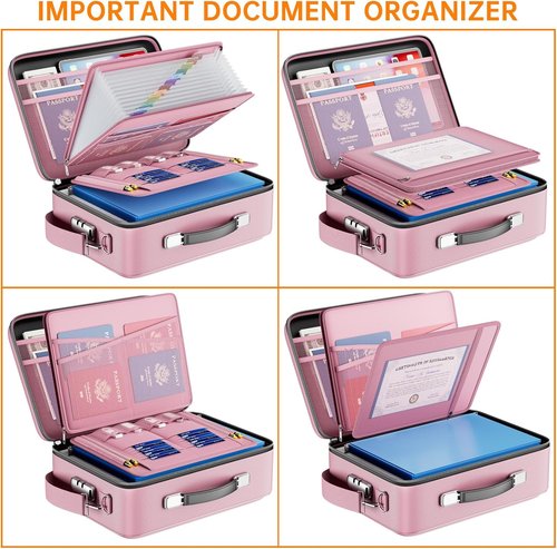 DocSafe Fireproof Document Box - Secure Hard Case Organizer with Lock & Shoulder Strap | Portable Pink Storage for Important Files