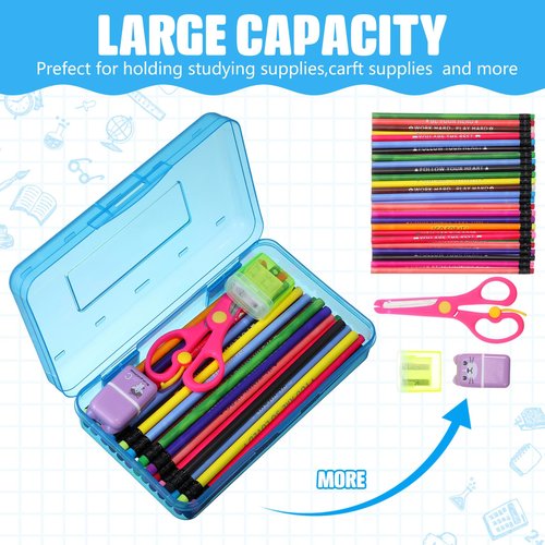 Thyle 36 Pcs Plastic Pencil Box Stackable Clear Pencil Case with Lid Snap Closure Bulk Hard Plastic School Box Large Capacity Storage Organizer Pen Holders for Kids Adult Student(Blue)
