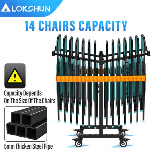 Lokshun Folding Chair Rack,Chair Cart with 14 Chairs Capacity,Sturdy Metal Chairs Storage Rack,Space-Saving Dolly with 4 Lockable Wheels & Strap,Large Storage Holder for Party,Office,Home