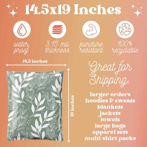 Graceful Mailers Poly Mailers 14.5x19 100 Pack, Waterproof & Tear Resistant Mailing Envelopes for Small Business Supplies, Shipping Bags for Clothes, Cute Shipping Bags for Small Business, Sage Beauty