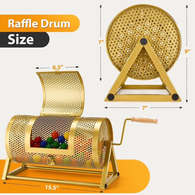 Raffle Drum 15" x 7" Holds 3,000 Tickets, Thickened Metal Raffle Ticket Spinner Box with Sealing Tape, Silent Design Raffle Ticket Cage with Wooden Turning Handle & Stable Tripod Stand for Games