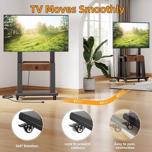 Rolling TV Cart with Power Outlet, Mobile TV Stand with Drawer and Wheels, Height Adjustable Mobile TV Cart for 23-75 inch,Screen Up to 150lbs,TV Stand for Bedroom,Indoor,Outdoor (Walnut)