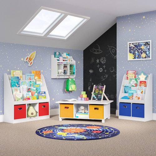 RiverRidge Kids Bookrack - 4 Shelves with 3 Cubbies for Organized Storage | White, 11.81"D x 35"W x 36"H