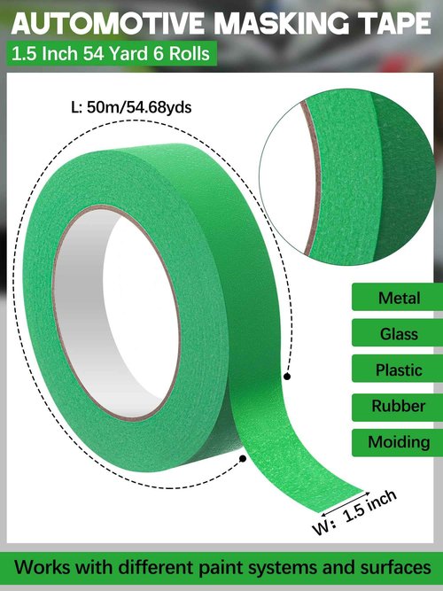 Marspark 6 Rolls 1.5 Inch x 55 Yards Green Automotive Refinish Masking Tape Bulk No Residue Heat Resistant Painters Tape for Car Vehicles Auto Body Multi Purpose Paint Tape